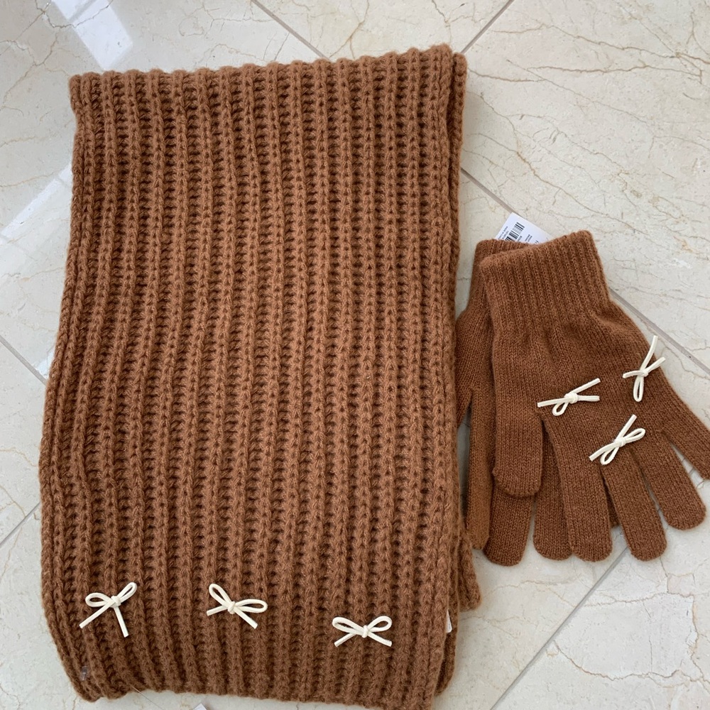 Brown Knit Scarf and Glove Set with Bow Accents!  $15